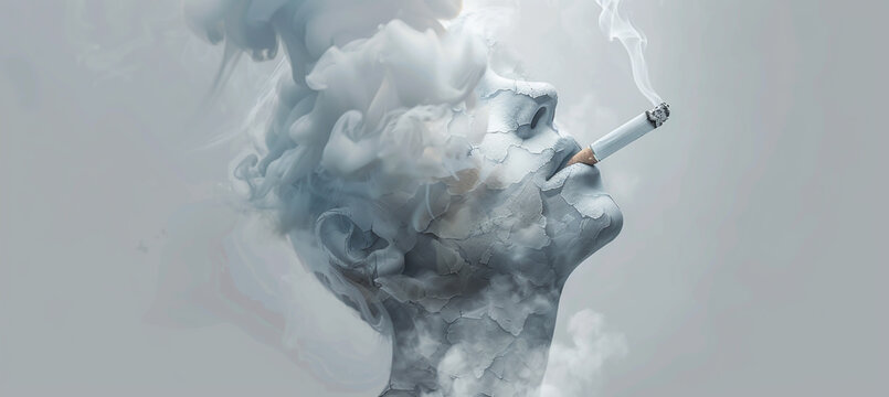 A head with smoke is smoking a cigarette in the top stock photo