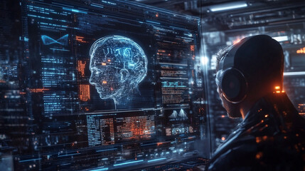 Obraz premium A futuristic scene depicting a humanoid figure analyzing an AI brain interface, showcasing advanced technology and digital connectivity.
