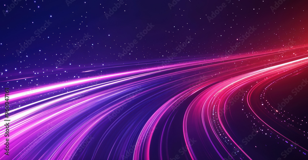 Poster abstract light trails and glowing particles in outer space background. digital technology and speed 