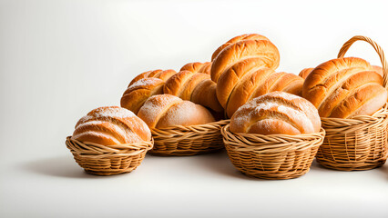 Freshly Baked Bread in Baskets on Clean Background