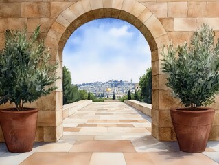 A picturesque archway framed by lush greenery, showcasing a stunning view of a serene cityscape under a bright sky.