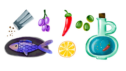 Set with ingredients for restaurant. Menu and food. Collection On isolated background
