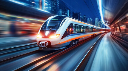 Fototapeta premium A modern train speeds through a vibrant cityscape at night, showcasing dynamic motion and urban energy.