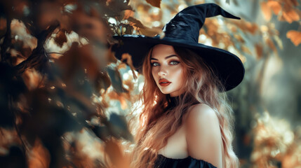Fototapeta premium A mysterious woman in a witch hat surrounded by autumn foliage, exuding enchanting vibes and magical allure.