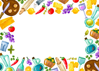 Frame horizontal with ingredients for restaurant, food and prepared dishes. Menu and food. Isolated background