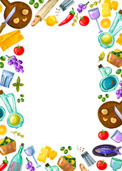 Frame vertical with ingredients for restaurant, food and prepared dishes. Menu and food. Isolated background