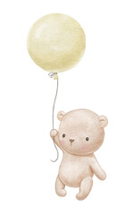 Cute bear is flying with green balloon. Watercolor baby animal