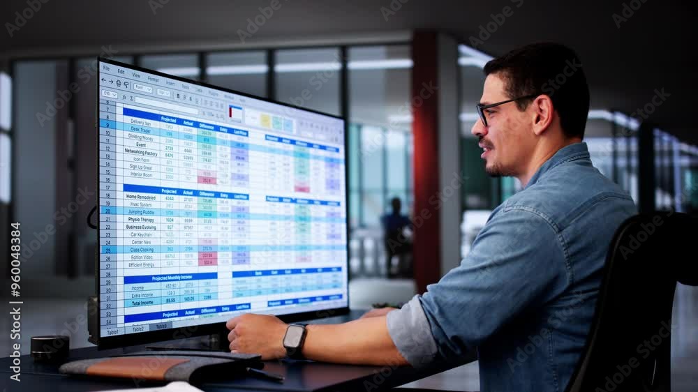 Poster frustrated employee with spreadsheet data screen