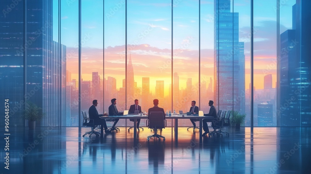 Wall mural Business Meeting at Sunset in Modern Office