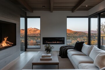 Fototapeta premium A minimalist living room with a modern fireplace and panoramic windows showcasing a beautiful mountain sunset, offering a serene and stylish retreat.