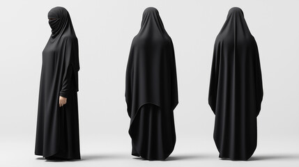 Naklejka premium Three angles of a woman wearing a full black niqab are shown, including side, back, and three-quarter views, highlighting the drape and coverage of the garment.