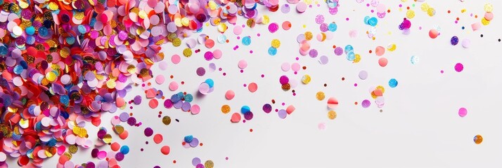 Colorful confetti spreads across a white surface during a festive event. Copy space. Festive background
