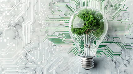 A light bulb and a circuit board with a green tree on white background, symbol of innovation in sustainable energy technology in nature style.