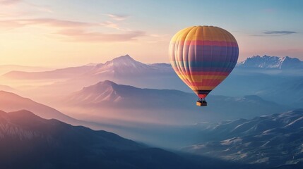 Obraz premium Hot air balloon floats gracefully over misty mountains at sunset, casting a warm glow on the landscape. A peaceful aerial view of nature's beauty for adventure seekers