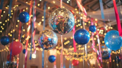 festive decorated place with balloons and disco balls creating a nostalgic atmosphere for an adult prom or disco