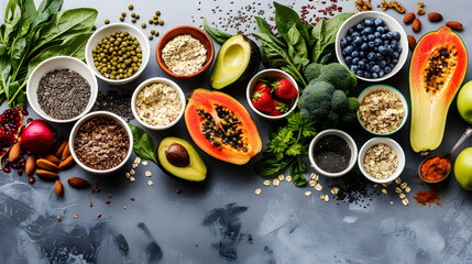 A vibrant display of healthy superfoods, including avocado, papaya, blueberries, chia seeds, and leafy greens, arranged with bowls of seeds and grains, highlighting nutritious ingredients.