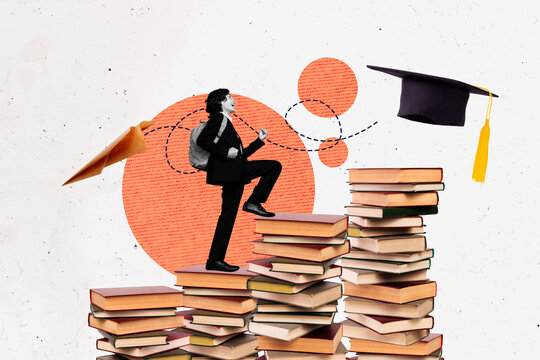 Creative abstract template collage of funny boy run upstairs education studying school day shopping unusual fantasy billboard comics