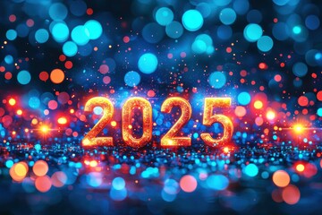 Colorful 2025 new year celebration with fireworks and bokeh lights