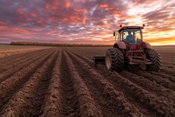 Obraz premium A red tractor is seen plowing through freshly prepared soil on a large field as the sun rises in the background, symbolizing a new day in agriculture and persistence.