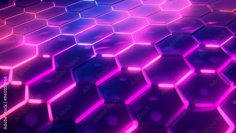 Poster abstract background with glowing hexagons in blue and purple colors, 3d illustration, create an abst