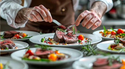 close up horizontal image of a fine dining chef finishing to decorate