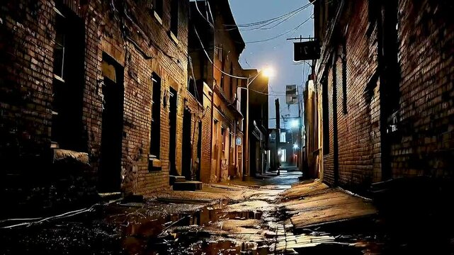 a dark alley with brick buildings on either side 