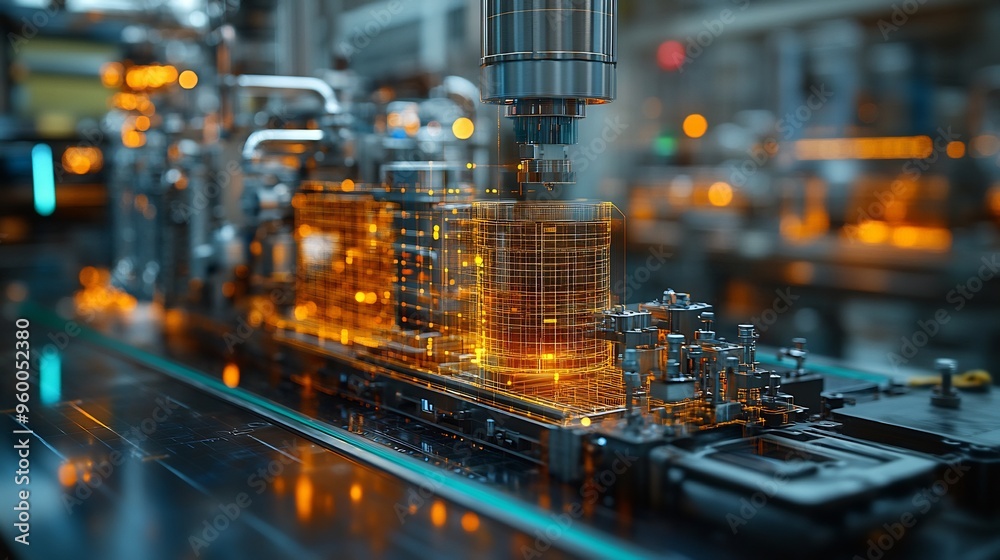 Wall mural closeup of a digital twin for a smart manufacturing process showing realtime monitoring and adjustme
