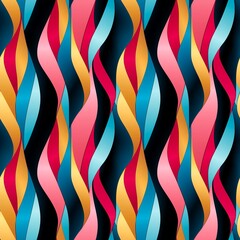 Abstract colourful seamless pattern with vertical waves in yellow, orange, gold, red, pink, blue and black colours.