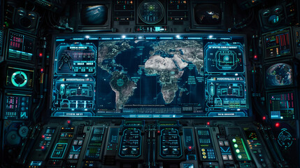 Fototapeta premium High-tech command center featuring a digital world map and futuristic tactical displays with vibrant data visualizations