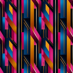 Abstract colorful geometric seamless pattern in pink, red, blue, black, yellow, orange and gold bright colours. 