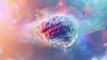 Abstract illustration of a colorful human brain floating in a cosmic background, surrounded by vibrant, swirling colors and ethereal smoke