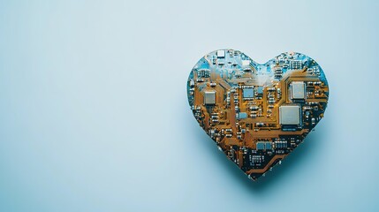 Heart-shaped circuit board on blue backdrop
