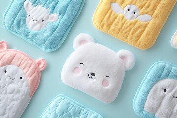 Adorable Plush Animal-Shaped Washcloths on a Blue Background