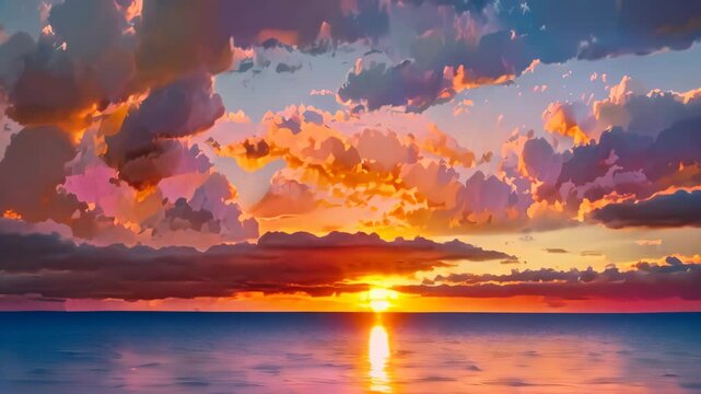 Beautiful sunset over the lake. Digital painting. Oil painting, Cumulonimbus sunset portrayed with impasto post-impressionism, featuring neon vibrant dramatic colors