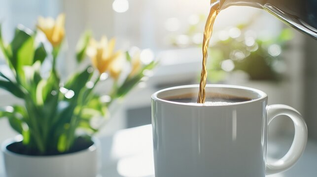 Freshly brewed coffee pouring into a mug Monday morning - Powered by Adobe