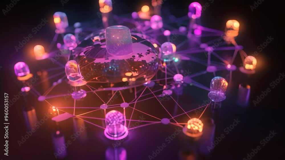 Poster global network concept on dark background. 3d rendering. neon lights, cyber big data flow, blockchai