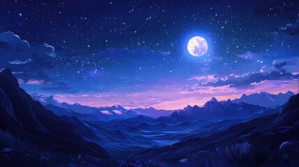Serene night landscape with a full moon casting light over star-filled skies and distant mountain peaks at twilight.