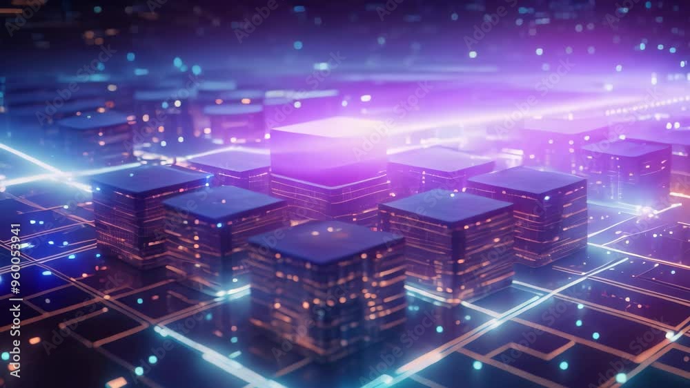 Aufkleber abstract 3d illustration of a futuristic city with glowing lights and circuit, data computation laye