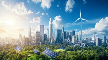 Naklejka premium Futuristic cityscape with renewable energy sources
