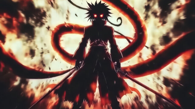 haracter from an animated series with spiky hair and red eyes, standing confidently.