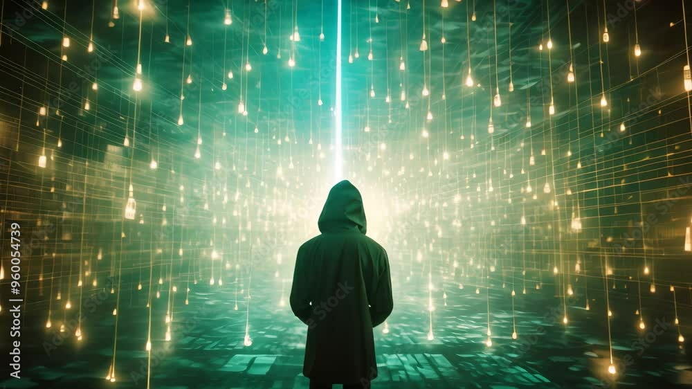 Poster a hacker in a hoodie standing in front of a glowing matrix background, depict an anonymous hacker su