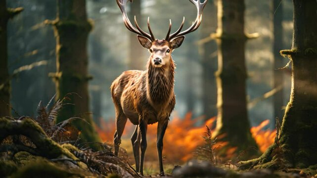 Red deer stag in forest during rutting season, UK, Deer in the wild HD 8K wallpaper stock Videographic Video