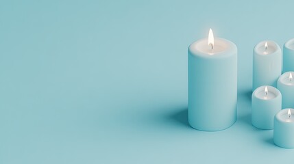 A lit candle radiates warmth and hope amidst numerous burning candles, set against a serene pastel background, inviting moments of reflection and tranquility
