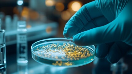 Close up of Petri Dish with Genetically Engineered Microorganisms in a Laboratory