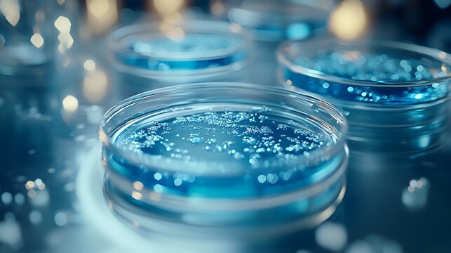 Close Up of Petri Dishes with Bioengineered Organism in Lab Setting