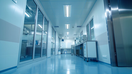  A long, clean industrial corridor with glass windows and stainless steel surfaces, reflecting a sterile and modern manufacturing environment with advanced technology.