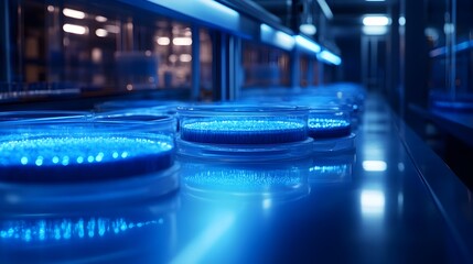 Futuristic Biotech Laboratory with Illuminated Petri Dish Displays