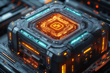 Fototapeta premium Futuristic circuit board featuring glowing orange and blue lights with a striking geometric pattern in a tech-inspired design.