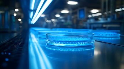 Futuristic Biotech Laboratory with Rows of Glowing Petri Dishes