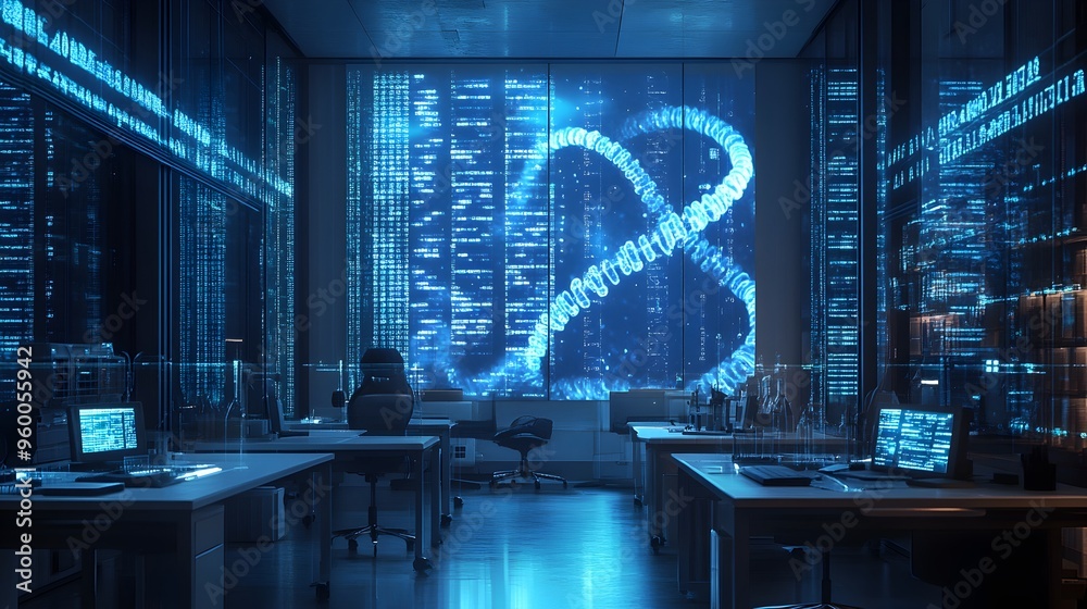 Poster futuristic holographic dna sequence visualization in high tech digital workspace